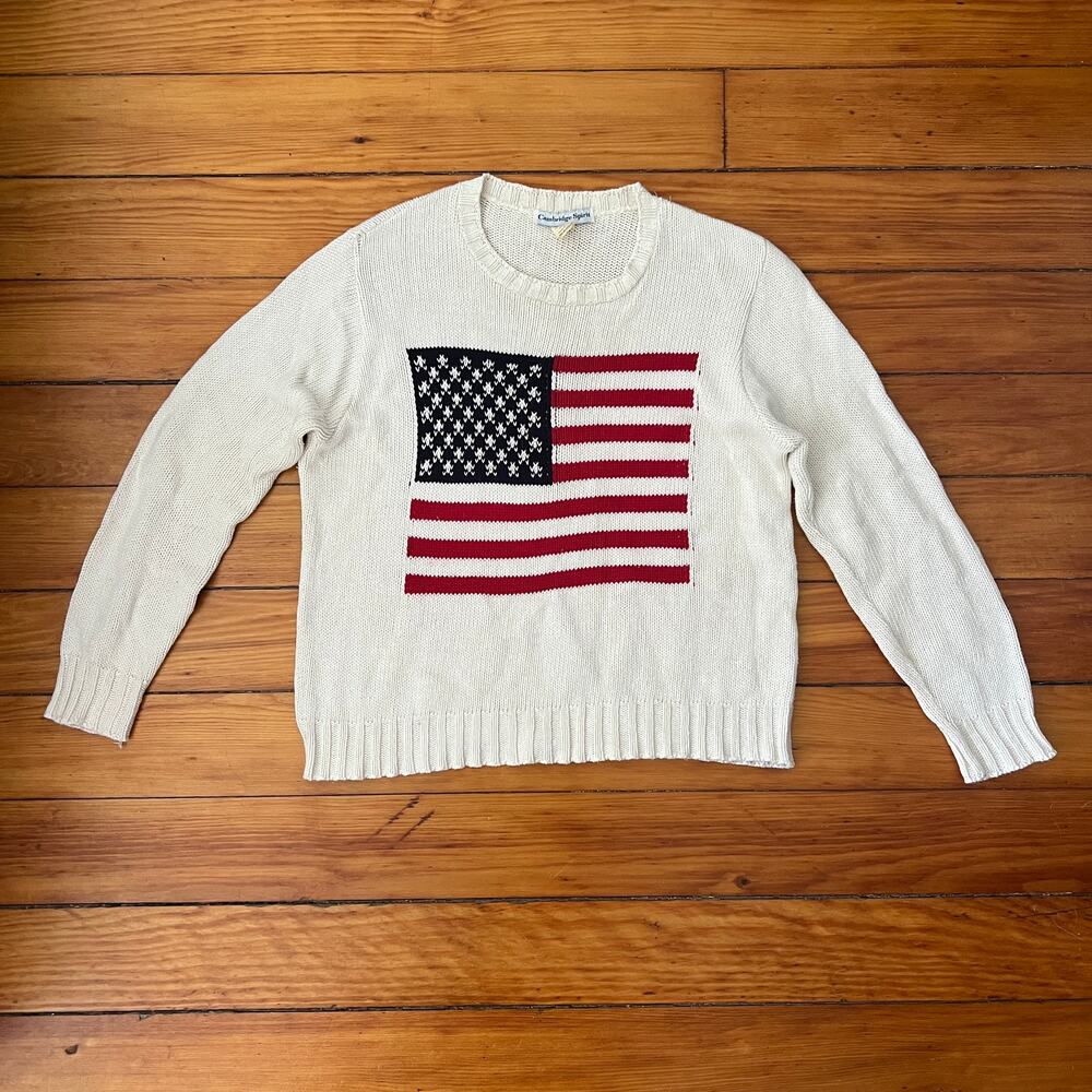 Vintage American Flag Knit Sweater Medium Crewneck Patriotic 90s USA 100% Cotton